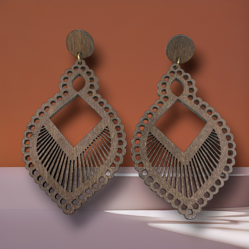 Vintage Y2K Laser Cut Balsa Wood Oversized 3.5" Pierced Dangle Earrings Bohemian